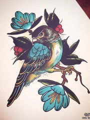 欧美school小清新鸟花卉纹身图案手稿