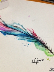 欧美泼墨彩绘美丽的羽毛纹身图案手稿