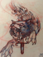 欧美狼头匕首school纹身图案手稿