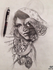 欧美school鸟女郎纹身图案手稿