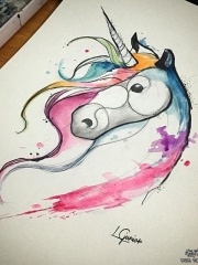 欧美泼墨彩色独角兽纹身图案手稿