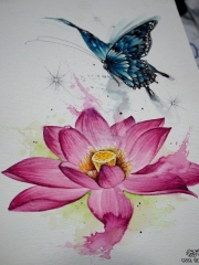 传统蝴蝶泼墨莲花纹身图案手稿