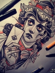 欧美school女郎信封纹身图案手稿