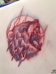 欧美school熊头闪电纹身图案手稿