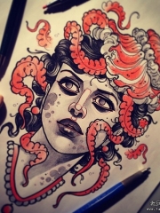 欧美school章鱼女郎纹身图案手稿