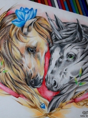 欧美school马心形纹身图案手稿