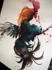 欧美school写实公鸡泼墨彩绘纹身图案手稿