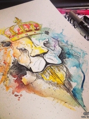 欧美泼墨狮子皇冠纹身图案手稿