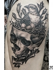 大腿骷髅鸟窝暗黑系纹身图案
