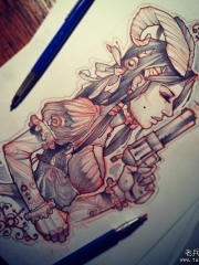 欧美school牛仔女郎手枪纹身图案手稿