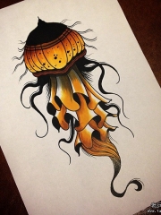 欧美school水母彩绘纹身图案手稿