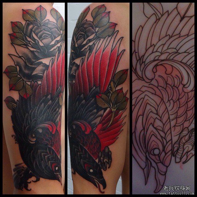 大臂欧美school乌鸦玫瑰纹身图案
