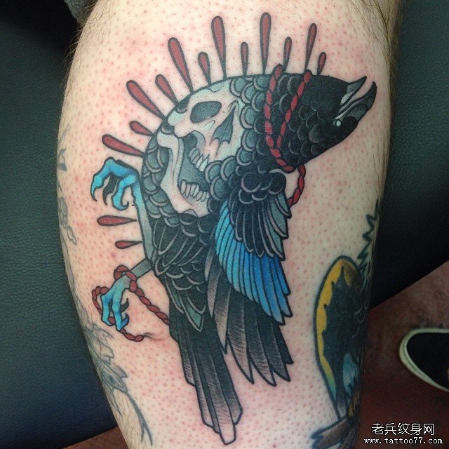 小腿欧美school鸟骷髅纹身图案