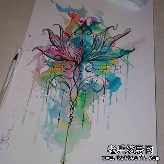 欧美泼墨school莲花纹身图案手稿
