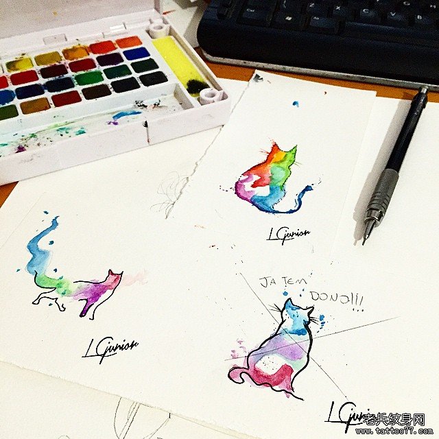 欧美泼墨小清新猫咪纹身图案手稿