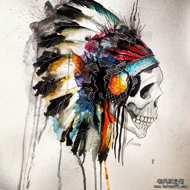 欧美彩绘泼墨印第安骷髅纹身图案手稿