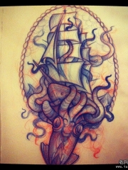 欧美帆船乌贼纹身图案手稿