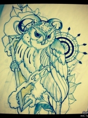 欧美school猫头鹰花卉纹身图案手稿