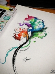 欧美school泼墨抽象树水彩纹身图案手稿