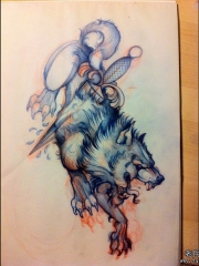 欧美school狼和匕首纹身图案手稿