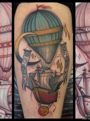 欧美大腿热气球帆船组合纹身图案