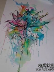 欧美泼墨school莲花纹身图案手稿