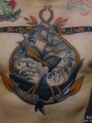 胸部欧美鲨鱼帆船纹身图案