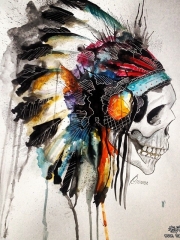欧美彩绘泼墨印第安骷髅纹身图案手稿