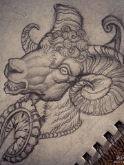 欧美羚羊头钟表纹身图案手稿