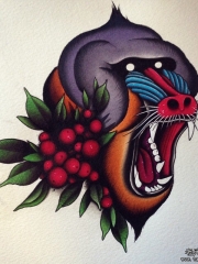 欧美new school狒狒植物纹身图案手稿