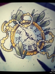 欧美school时钟叶子纹身图案手稿