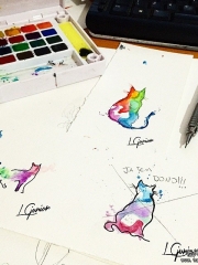 欧美泼墨小清新猫咪纹身图案手稿