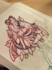 欧美狼头树叶school纹身图案手稿