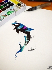 欧美泼墨美丽的鲸鱼纹身图案手稿