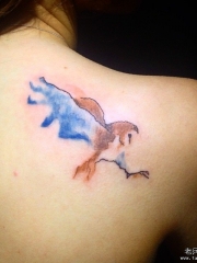 背部小清新欧美泼墨猫头鹰纹身图案