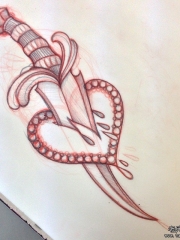 欧美school匕首心形纹身图案手稿