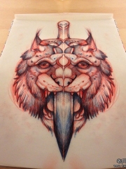 欧美school老虎匕首纹身图案手稿