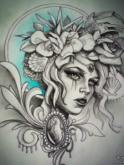 欧美school女郎花卉纹身图案手稿