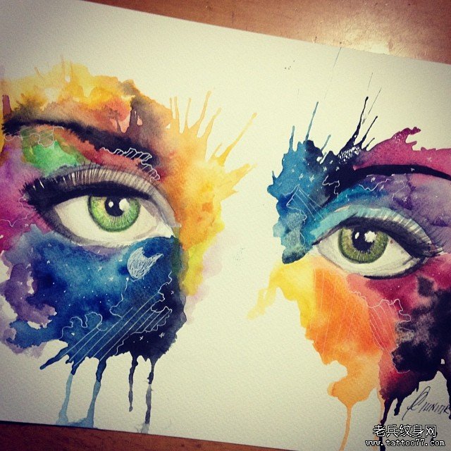 欧美school泼墨眼睛纹身图案手稿