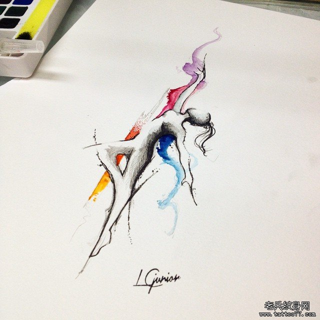 欧美泼墨小清新人像纹身图案手稿