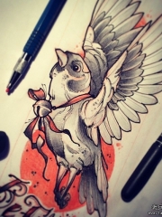 欧美school鸟铃铛纹身图案手稿