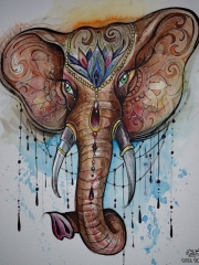 泼墨大象彩绘纹身图案手稿