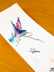 欧美泼墨小清新蜂鸟纹身图案手稿