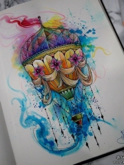 欧美泼墨热气球纹身图案手稿