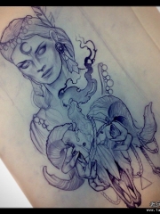 欧美school骷髅羊头女郎纹身图案手稿