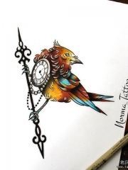 欧美school鸟钟表纹身图案手稿