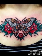 欧美school蝴蝶花卉胸部纹身图案