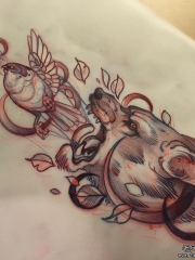 欧美狼头鸟school纹身图案手稿