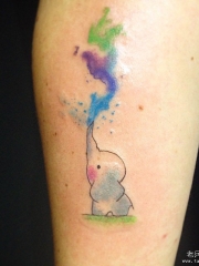 小腿小清新卡通小象泼墨纹身图案