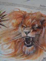 欧美泼墨凶猛的狮子纹身图案手稿